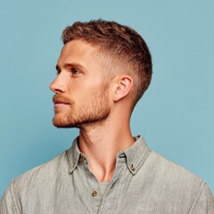 A man stands side profile with a neat haircut in a studio setting with a blue backdrop