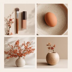 Aesthetic collage featuring minimalist still life photography with makeup, an egg, and floral vases in neutral tones.