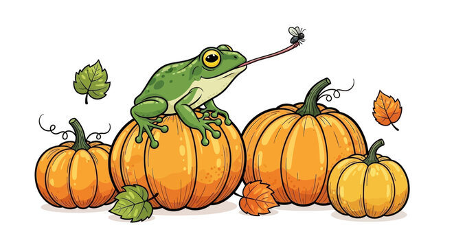 A green frog perched on a pumpkin, catching a fly with its long tongue, surrounded by autumn leaves and other pumpkins.