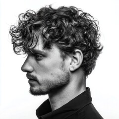Young man with curly hair stands in profile, gazing to the right against a plain background in a studio