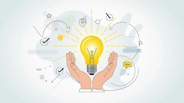 Hands holding glowing light bulb idea concept animation