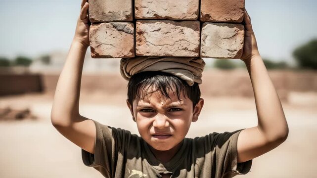 Young boy carrying bricks on head, child labor concept, laboring under sun