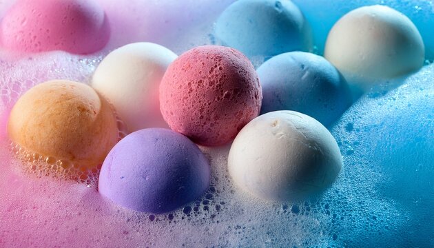 fizzy bath bombs on a colorful foam background