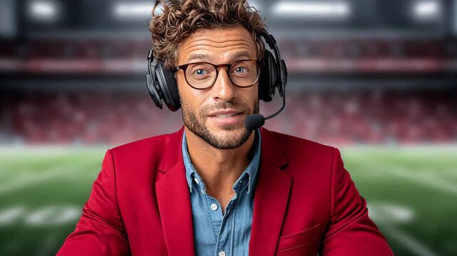 Male sports commentator with curly hair and glasses speaks into a headset while seated at a desk, with a blurred football field background creating a dynamic sports atmosphere