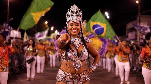 A vibrant woman in a stunning costume dancing in a lively Brazilian parade at night with a video capturing the excitement.