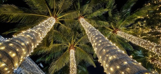 Looking up through palm trees adorned with twinkling lights at night