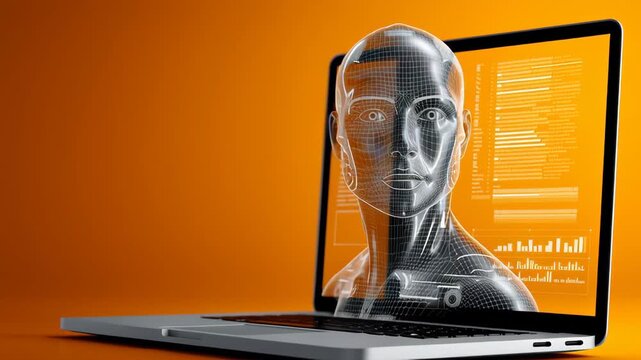 Digital representation of a humanoid robot head emerging from a laptop screen with a vibrant orange background, displaying data and graphical elements on the screen