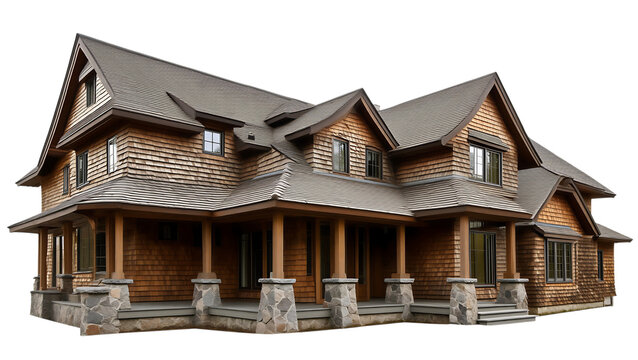 Luxurious wooden mountain lodge style house with stone accents and multiple gabled roofs transparent background