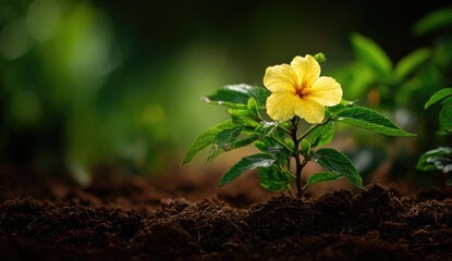 Single yellow flower emerges from dark soil, dew drops sparkle
