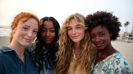 Obraz premium Four women with different hair colors and styles are posing for a picture on a beach. Scene is lighthearted and fun, as the women are smiling and enjoying their time together