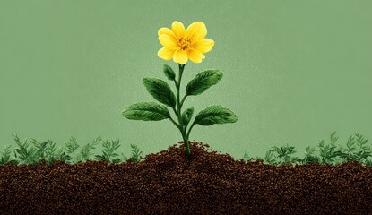 Single yellow flower blooms from rich soil against green background