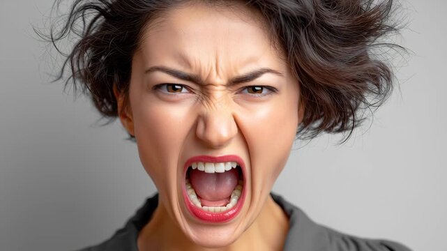 Woman with curly hair expresses intense emotion by shouting loudly, showcasing a progression of facial expressions and vocal intensity against a neutral gray background