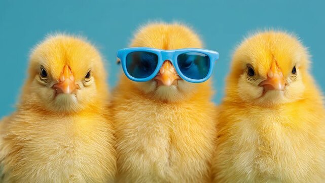 Cute chicks celebrate Easter with fun sunglasses in colorful setting