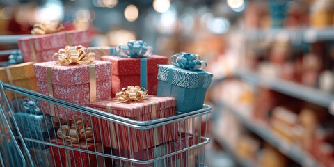 Shopping cart filled with colorful gift boxes and ribbons