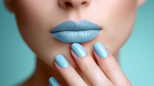 Woman with blue lipstick and matching nails gently touches her lips while posing against a soft turquoise background, showcasing a beauty and cosmetic theme in a close-up shot