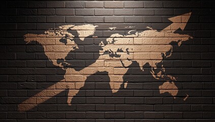 Global map silhouette with an upward trending arrow on a brick wall