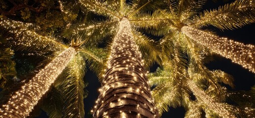 Tall palm trees wrapped in festive golden lights against a dark sky