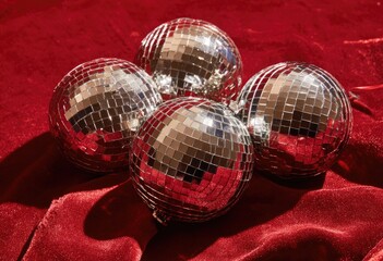 Four sparkling mirrored spheres rest on a rich, textured crimson velvet cloth