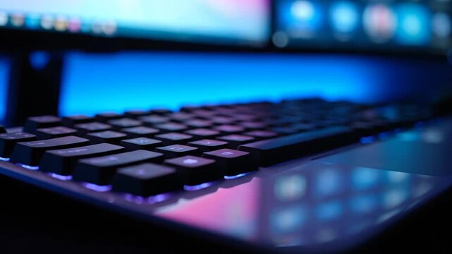 Illuminated keyboard with pink backlight in a dark room setting