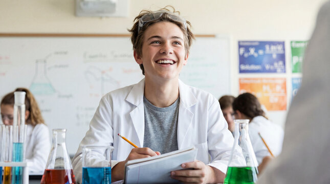 High school student in chemistry lab, boy in white lab coat, science class, laboratory experiment, stem education, learning, student, education, classroom, chemistry, youth, school, research.