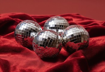 Four glittering silver spheres rest on a rich crimson velvet draped fabric