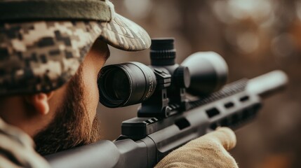 A man in camouflage aims through a riflescope in an outdoor setting, focusing intently on his target.