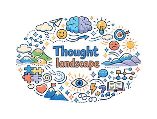 Thought landscape. Hand drawn illustration of Thought landscape. abstract brain, hills and paths, arrows,