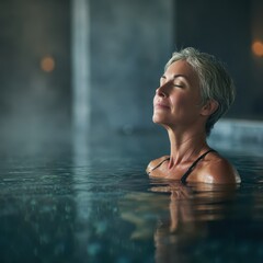 Fototapeta premium Relaxation in water: close-up of a mature woman in an indoor pool with gentle ripples and calm expression