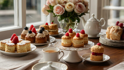 Elegant Afternoon Tea Set with Mini Cakes, Fresh Scones, and Roses in a Bright British Bakery