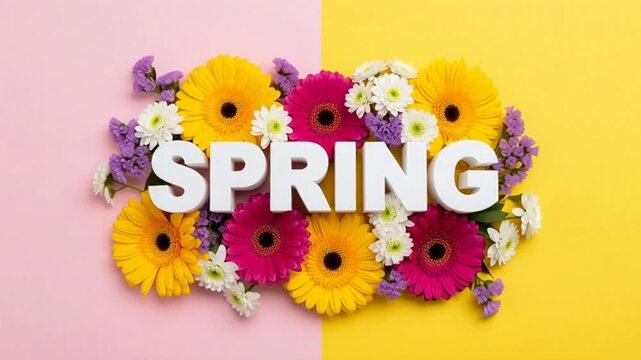 Colorful flowers blooming around the word spring