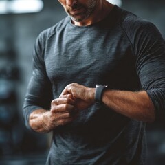 Man looks at his smart watch in a gym as he gets ready for his workout session early in the day