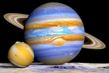 Fototapeta premium Jupiter, a giant gas planet, with its rings and a smaller, pale yellow planet nearby, in space