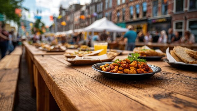 Outdoor feast on long wooden table, bustling street fair, blurred background