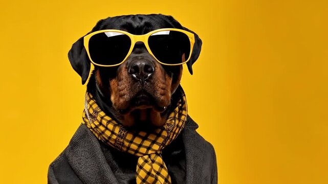 Rottweiler dog wearing yellow sunglasses and scarf poses against bright yellow background
