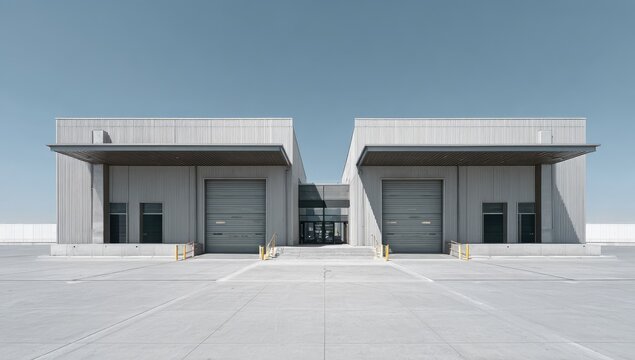 Modern warehouse with two symmetrical loading docks under a clear sky