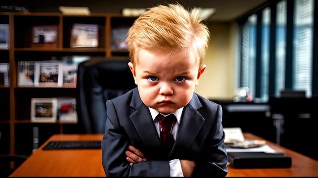 A young child is dressed in a suit. The child stands with arms crossed and a serious expression in an office. The background shows office furniture and large windows