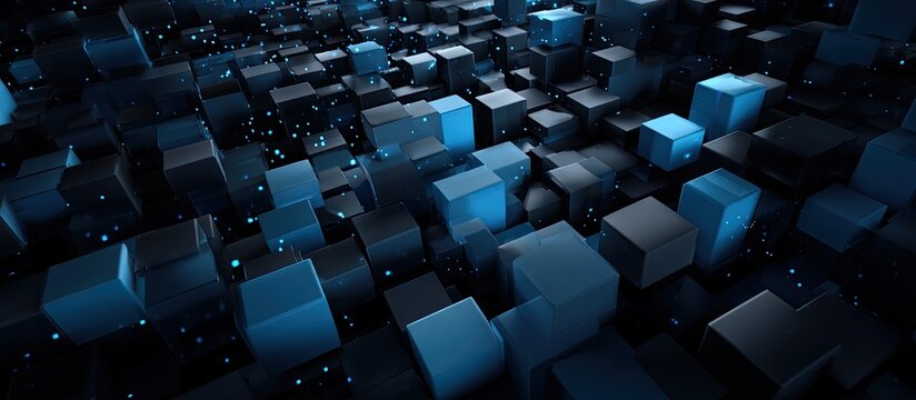 Dark cubes with blue lights and a digital abstract background