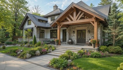Fototapeta premium Beautiful House With Stone Facade and Wooden Porch in a Landscaped Yard During Daytime
