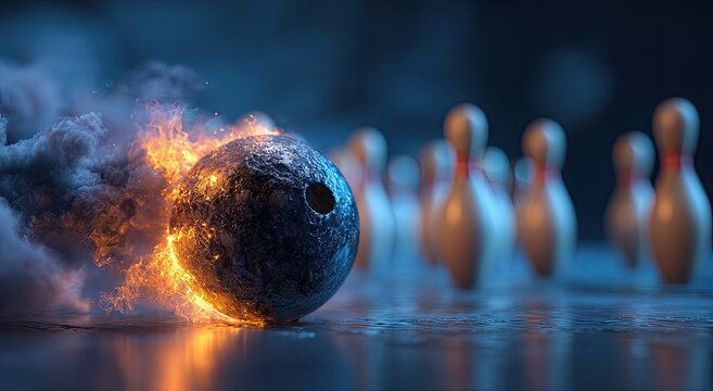 Flaming bowling ball hurtles towards pins in smoky, dramatic scene