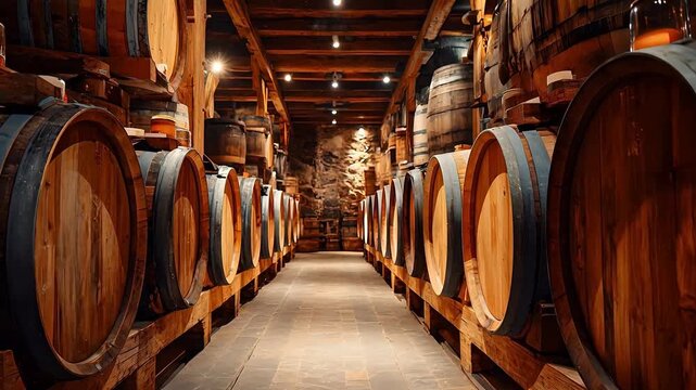 Perspective view inside dim wine cellar with rows of aging oak barrels on wooden racks under warm ambient lighting with rich textures art.