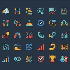 Obraz premium Colorful business and marketing strategy flat vector icon set for web and mobile apps.