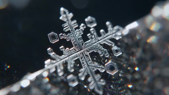 Macro shot of a sparkling snowflake, showcasing its intricate crystalline structure and delicate beauty, against a dark background with subtle bokeh and colorful light refractions, highlighting the w.