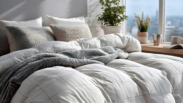 Serene minimalist bedroom featuring plush white down comforter with textured grid and gray plaid throw in clean morning light atmospheres.