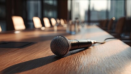 Obraz premium A microphone rests on a polished wooden conference table in a sunlit boardroom