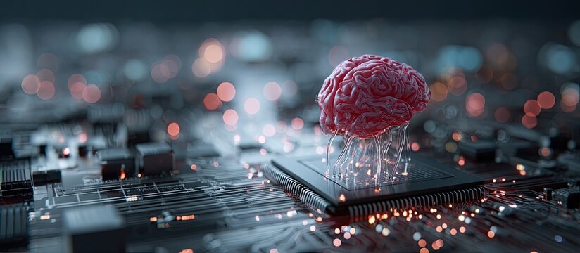 A digital brain hovers above a complex circuit board, signifying artificial intelligence