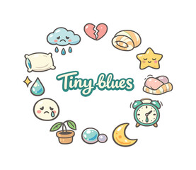 Fototapeta premium Tiny Blues Art. Tiny blues. Hand drawn illustration of Tiny blues. small sad face, raindrop cloud, mini heart