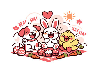 Fototapeta premium Joyful Easter Gathering. Spring Easter picnic. A puppy, bunny, and duckling laughing together, surrounded by