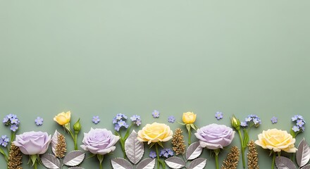 Delicate arrangement of lavender and yellow roses with blue forget-me-nots forms a vibrant floral border across a muted.