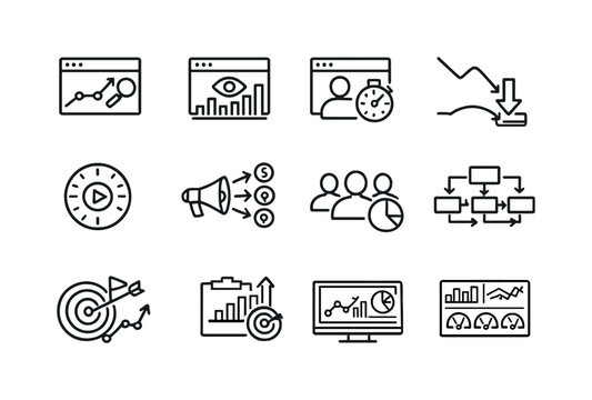 Web Analytics. Line outline icon set of Web Analytics: website traffic, page views, user sessions, bounce rate