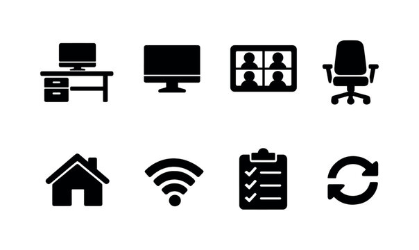 Hybrid work environment. Filled icon set of Hybrid work environment: workstation desk, desktop monitor, remote